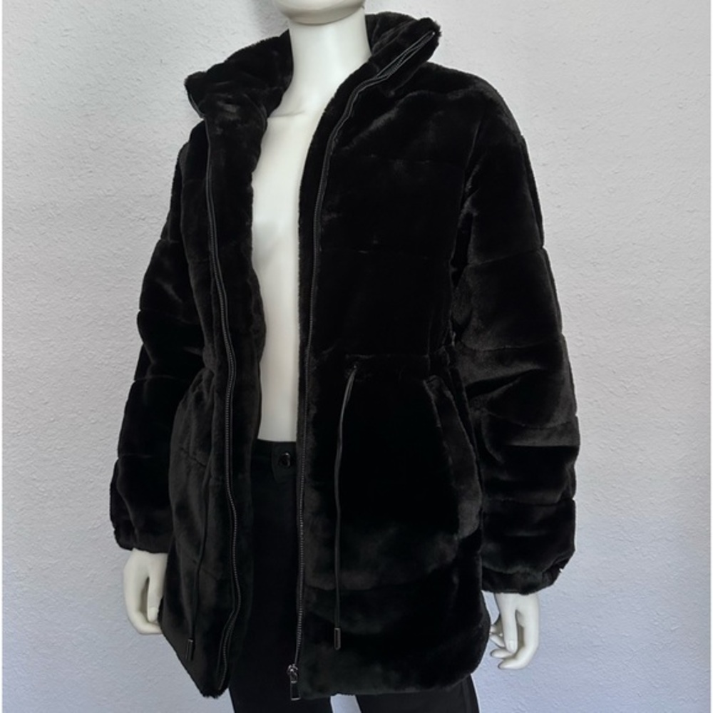 NWT ELIE TAHARI Faux Fur Coat Black‎ Zipped Stand-Up Collar Winter Casual Jacket